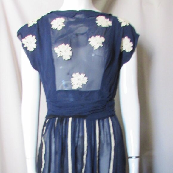 Vintage 1940 Style Short Skirt Dress Navy Chiffon Scattered Flower Appliques - Picture 1 of 12